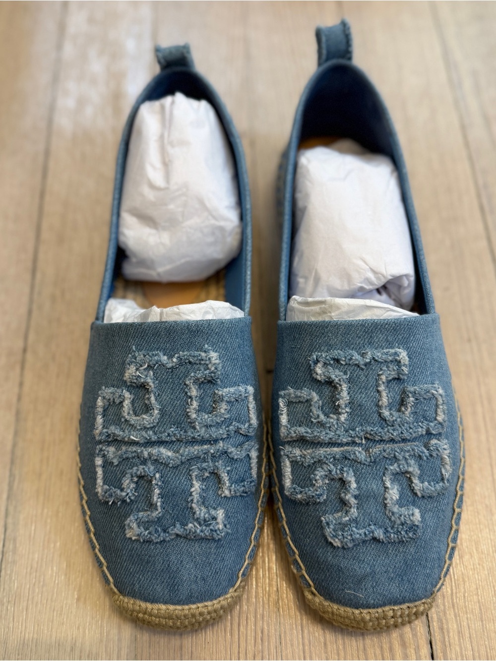 Tory Burch Women’s Double T Denim Espadrille Flats Blue New in Box Size 9